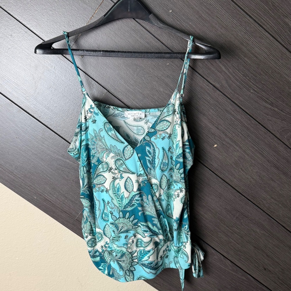 Ariella Women's Paisley Wrap Tie Front Cami Tank Top Large Blue Boho USA